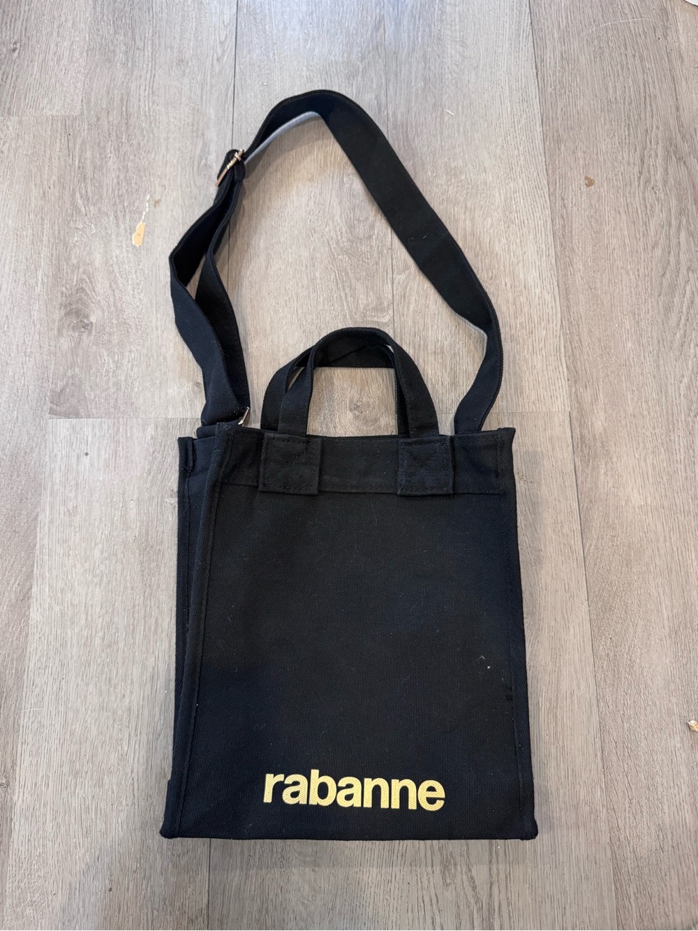 Rabanne Black Canvas Tote Shoulder Bag with Gold Logo And Adjustable Strap